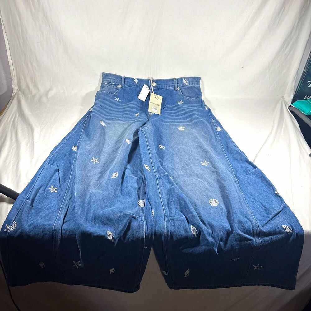 ee:some Women’s Blue Embroidered Wide-Leg High Rise Cotton Denim Jeans L